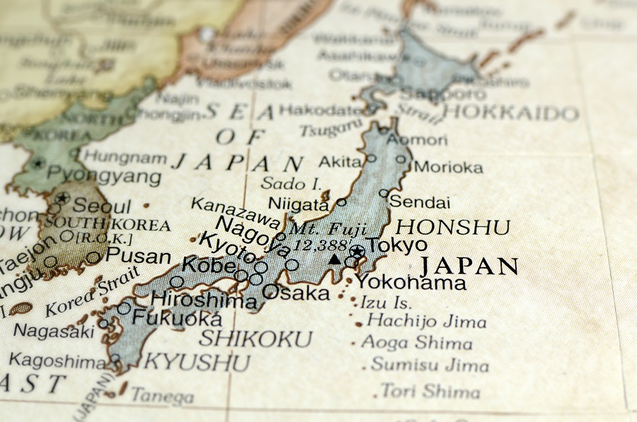 Close-up on a map showing the country of Japan