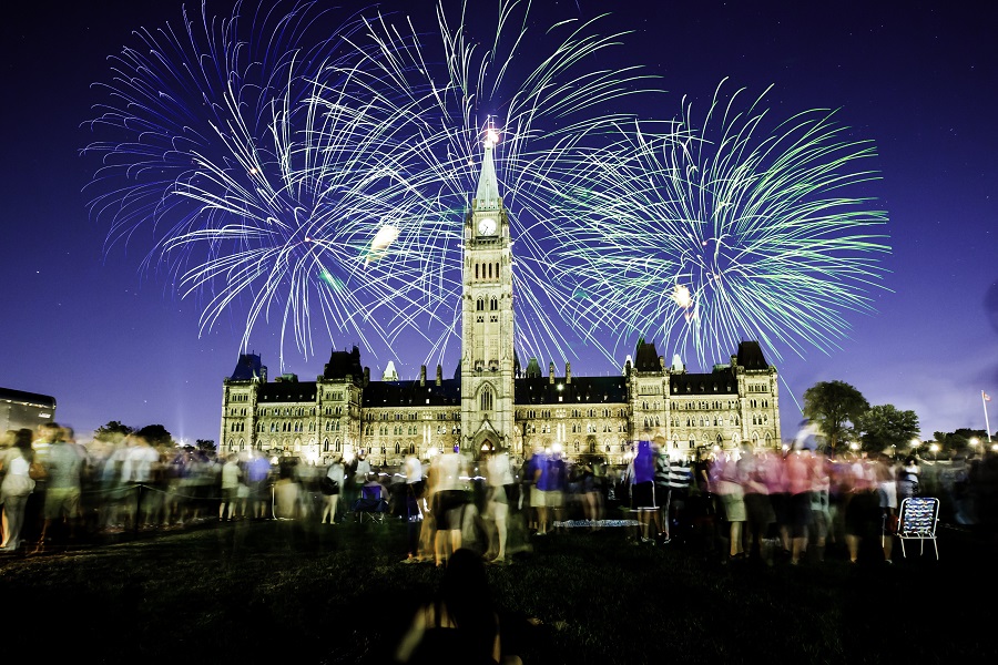 Nighttime Canada Day fireworks over Parliament on Parliament Hill in Ottawa, Ontario