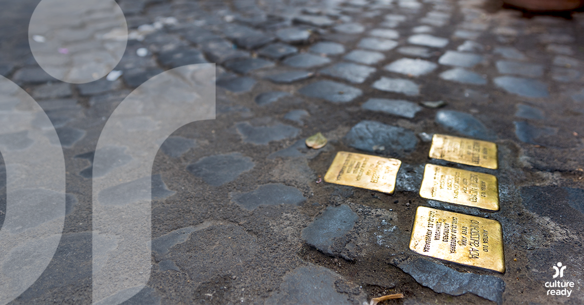 Close up of golden Holocaust memorial "stumbling stones"