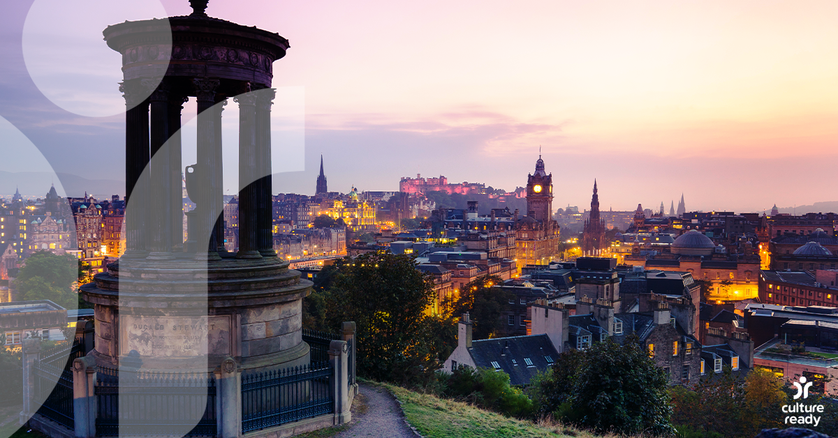 A view of Edinburgh, Scotland at sunset taken from Calton Hill