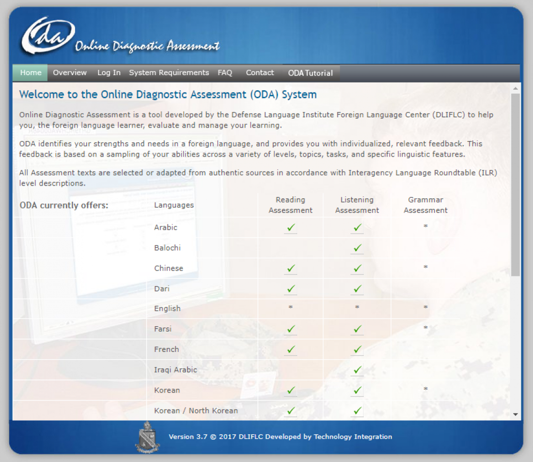 Screenshot of Online Diagnostic Assessment page