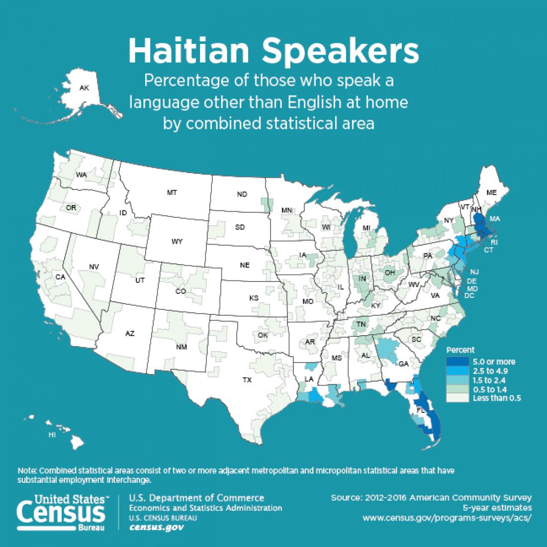 Detailed map showing density of Haitian language speakers across the United States