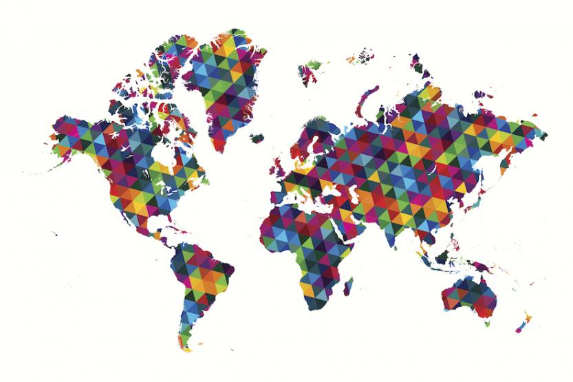 World map decorated with an abstract geometric pattern