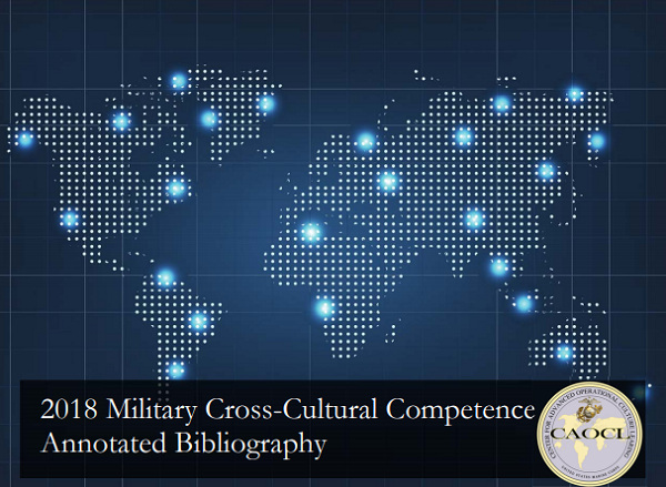 Map of the world with glowing blue dots highlighting cities. At the bottom, it says 2018 Military Cross-Cultural Competence Annotated Bibliography next to the CAOCL logo.