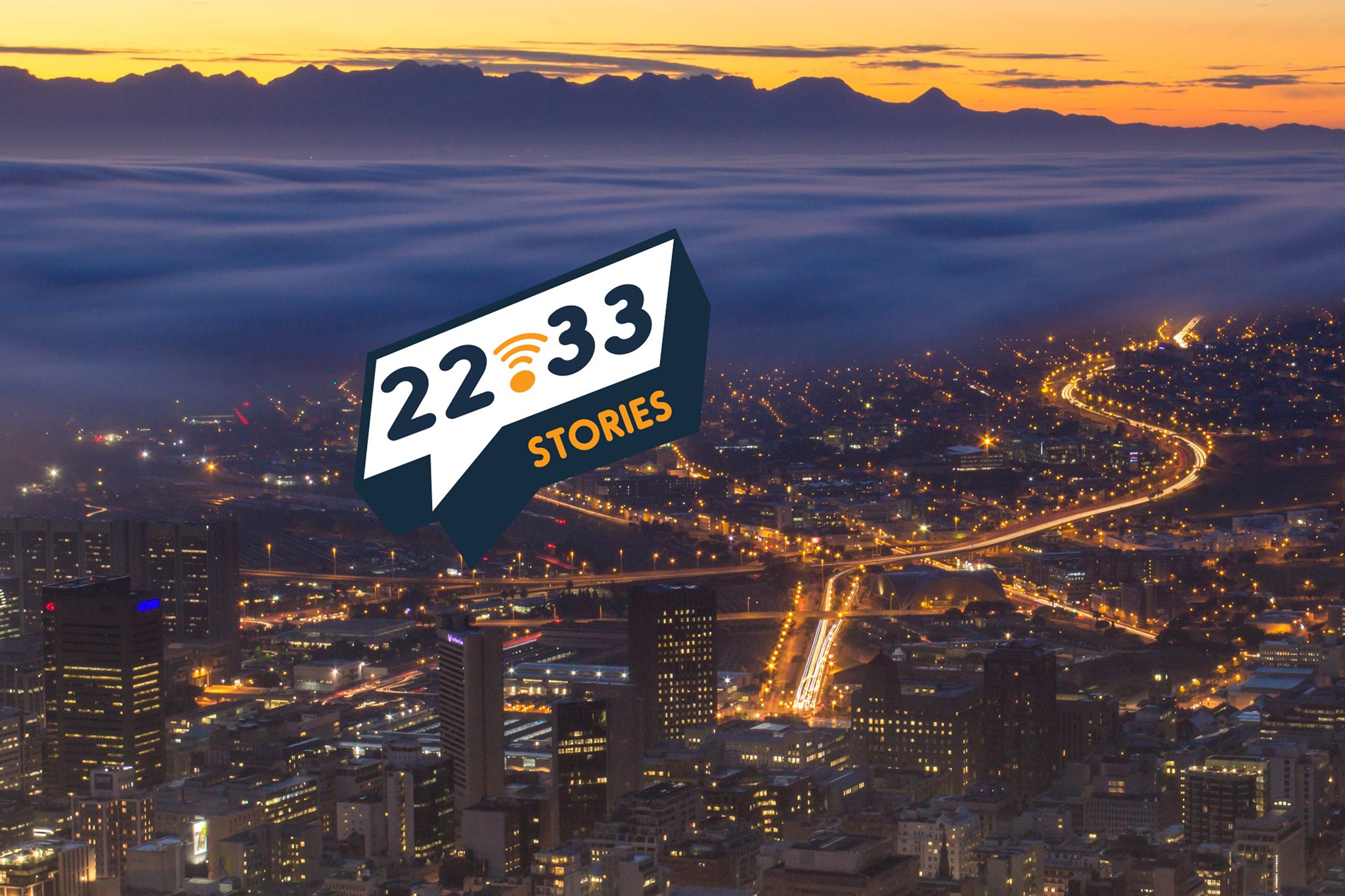 Image for State Department podcast of a city at dusk with a speech bubble that says "22.33" overtop