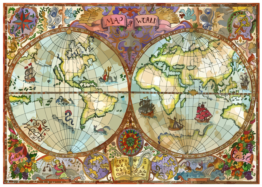 Illustrated map of the world with dragons, ships, and mermaids.
