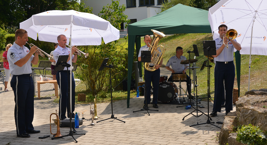 The U.S. Air Forces in Europe Band’s Five-Star Brass quintet performed for senior citizens at Böblingen and Singlefingen nursing homes on August 1. Photo by Larry Reilly, USAG Stuttgart Public Affairs
