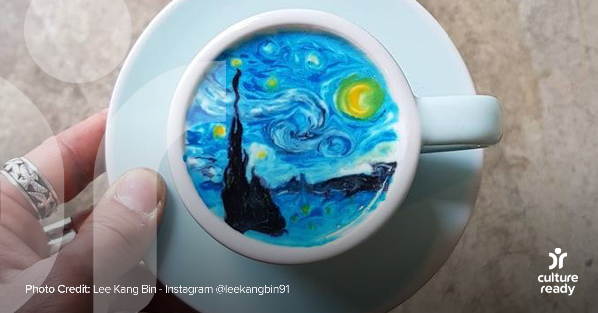 Cup of coffee with van Gogh's "Starry Night" painting on top