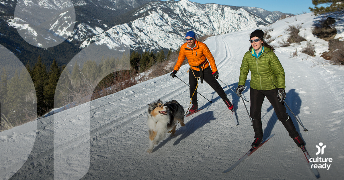 A man and woman skiing with their dog