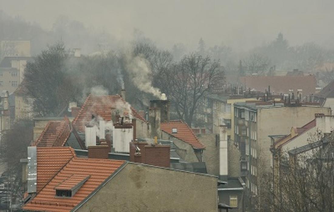 Smog-filled sky over rooftops in Poland