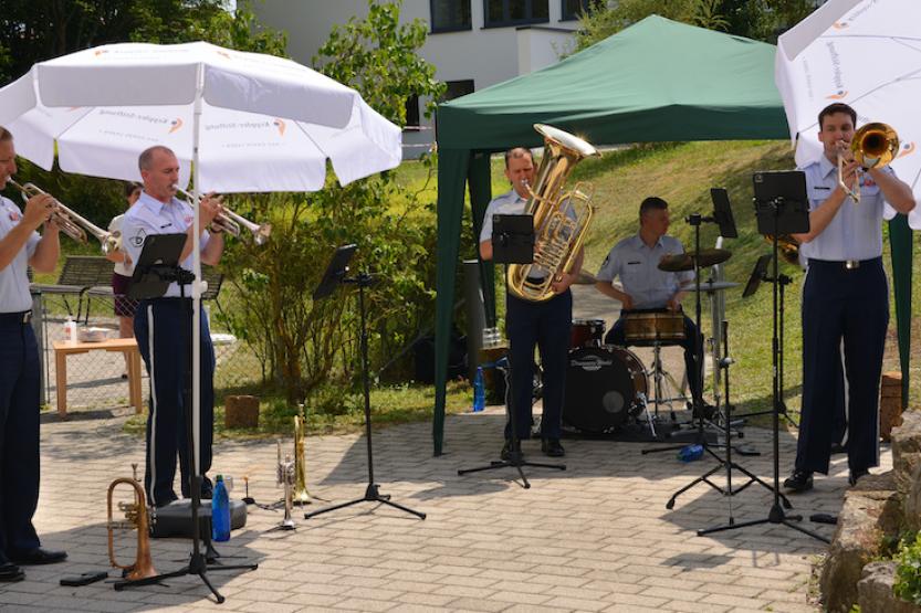 The U.S. Air Forces in Europe Band’s Five-Star Brass quintet performed for senior citizens at Böblingen and Singlefingen nursing homes on August 1. Photo by Larry Reilly, USAG Stuttgart Public Affairs