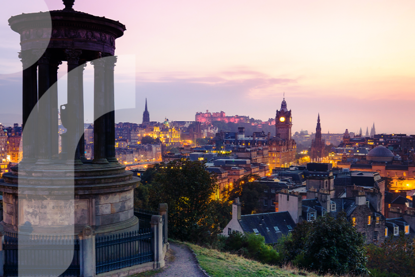 A view of Edinburgh, Scotland at sunset taken from Calton Hill