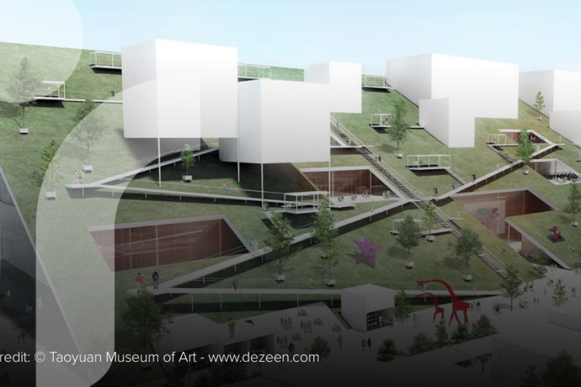 A digital rendering of the Taoyuan Museum of Fine Art displays a sloped green roof with white boxes, trees, and walk ways